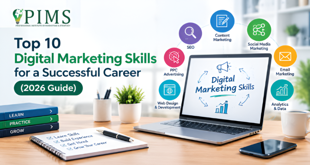 Top 10 Digital Marketing Skills for a Successful Career (2026 Guide) 2 Top 10 digital marketing skills to master in 2026, including SEO, PPC, AI tools, content marketing, data analytics, GEO, and social media strategy